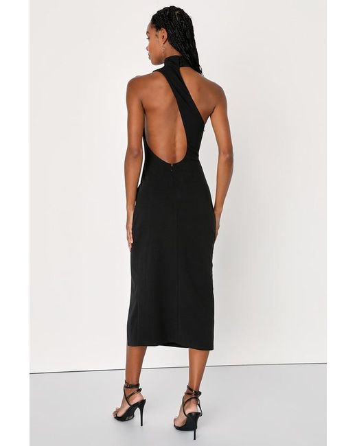 Lulus Black Keep It Interesting Asymmetrical Cutout Halter Midi Dress