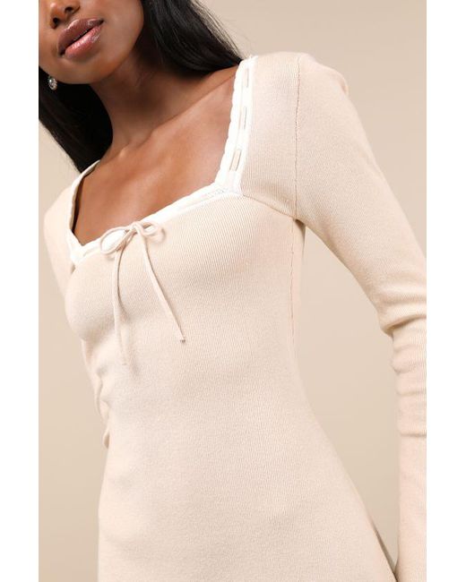 Lulus Natural Definitely Sweet Scalloped Long Sleeve Mini Sweater Dress