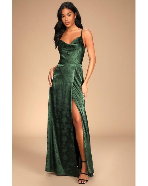 Lulus Blue Simply Dreamy Emerald Satin Floral Jacquard Maxi Dress