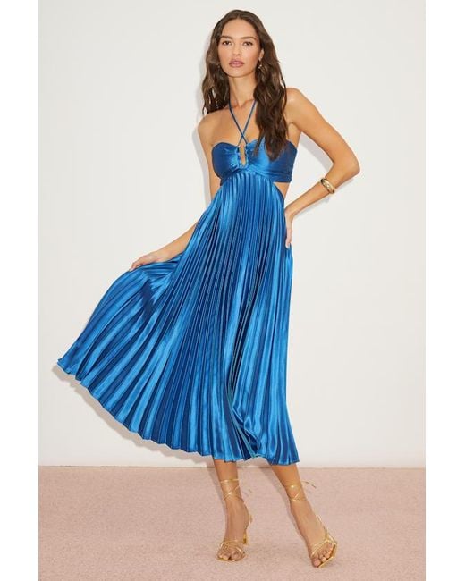 Lulus Blue Aerin Pleated Cutout Midi Dress