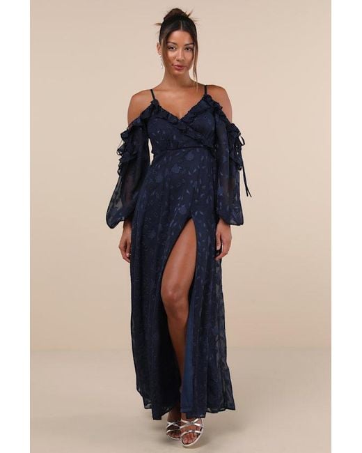 Lulus Blue Pleasant Aura Floral Burnout Cold-Shoulder Maxi Dress