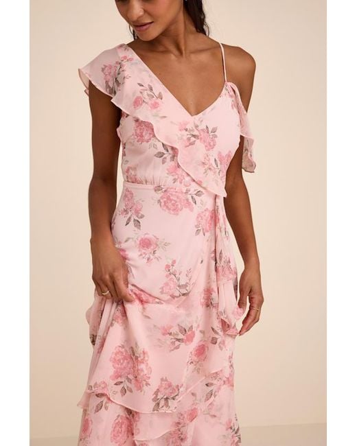 Lulus Pink Velma Blush Floral Ruffled Asymmetrical Maxi Dress