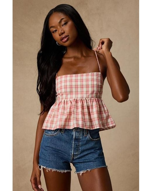 Lulus Brown Delilah Multi Plaid Peplum Tank Top