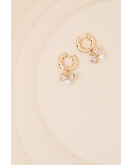 Lulus Natural Vianna Rhinestone Bow Huggie Hoop Earrings