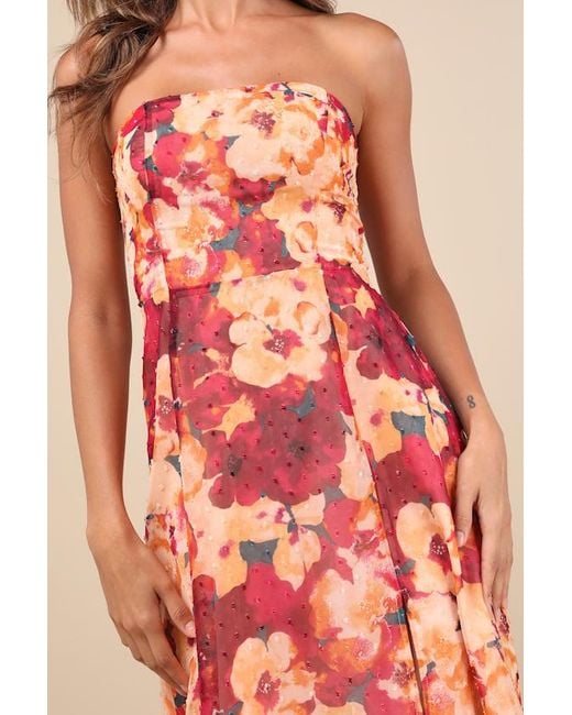 Lulus Pink Bright Perspective Plum And Floral Strapless Midi Dress