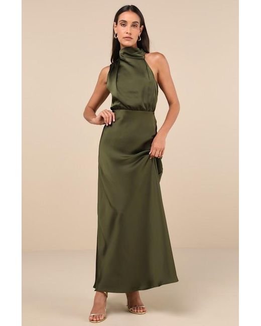 Lulus Green Distinctive Charm Satin Asymmetrical Maxi Dress