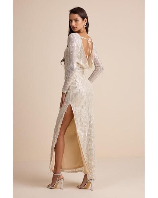 Lulus Natural Glittery Devotion Sequin Fringe Maxi Dress