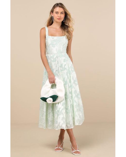 Lulus Natural Loira Mint Burnout Jacquard Lace-Up Midi Dress
