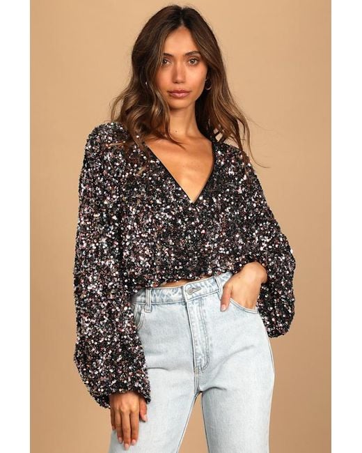 Lulus Pink Keep Dazzling Multi Sequin Long Sleeve Crop Top
