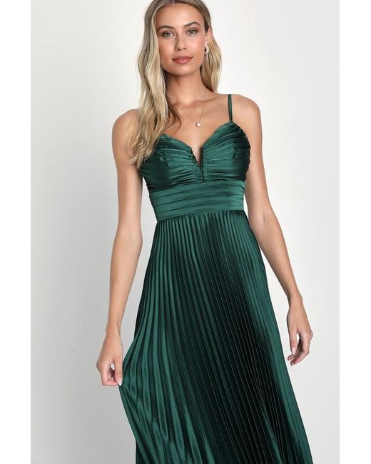 Lulus Green Fabulous Perfection Satin Pleated Midi Dress