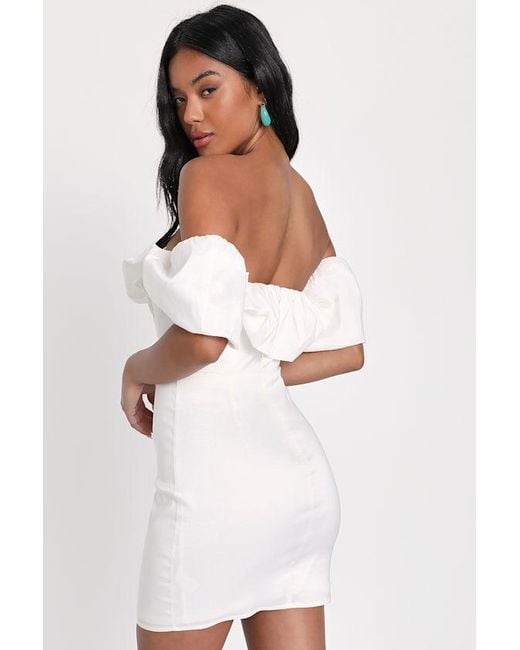 Lulus White Fanciful Feat Taffeta Off-The-Shoulder Bodycon Mini Dress