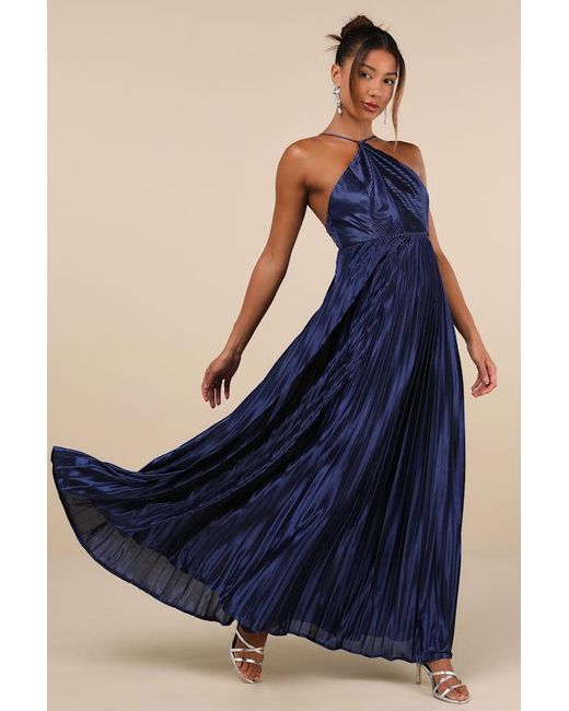 Lulus Blue Elaborate Charm Satin Pleated Backless Maxi Dress