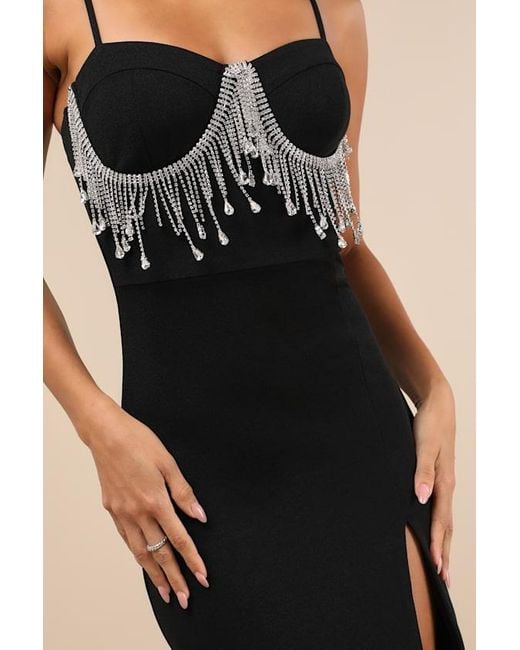 Lulus Natural Divine Extravagance Rhinestone Fringe Bustier Maxi Dress