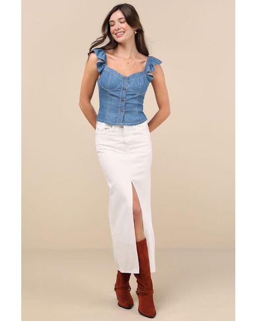 Lulus Blue Enye Chambray Bustier Flutter Sleeve Top