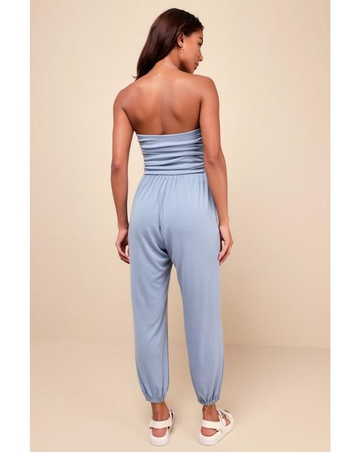 Lulus Blue Flawless Comfort Ruched Strapless Jogger Jumpsuit