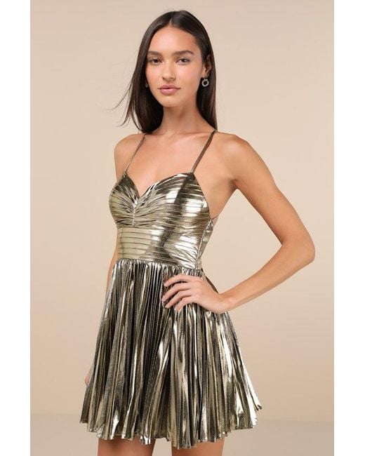 Lulus Natural Glamorous Choice Metallic Pleated Lace-Up Mini Dress