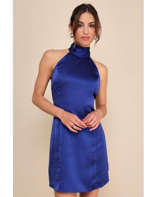 Lulus Blue Infinite Admiration Satin Halter Mini Dress