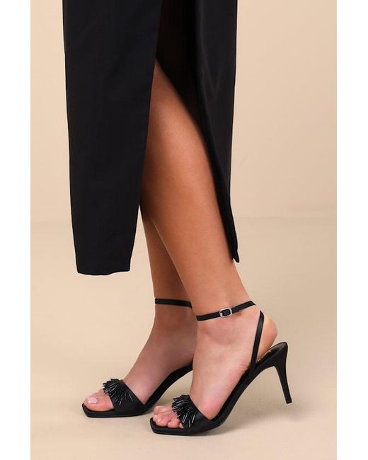Lulus Black Addia Satin Beaded Fringe High Heel Sandals