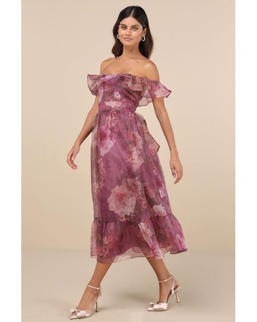 Lulus Sweet Composure Plum Floral Organza Off The Shoulder Midi Dress in Pink Lyst UK