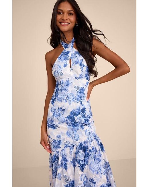 Lulus Blue Eloria And Floral Halter Maxi Dress