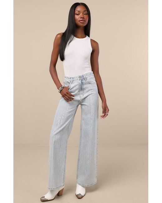 Lulus Natural Danice Light Wash Denim Rhinestone Straight Leg Jeans