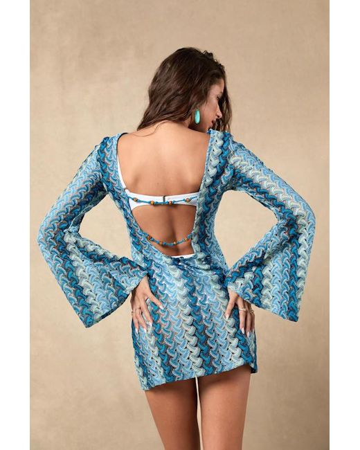 Lulus Blue Valestra Striped Crochet Long Sleeve Swim Cover-Up Dress