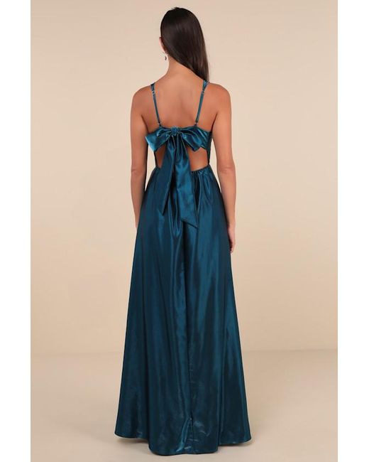 Lulus Blue Immaculate Aura Shiny Dark Taffeta Maxi Dress With Pockets