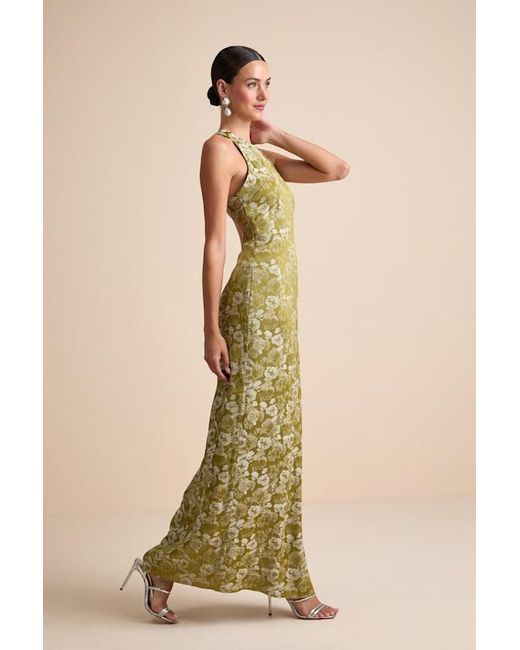 Lulus Natural Lamila Chartreuse Floral Satin Column Maxi Dress
