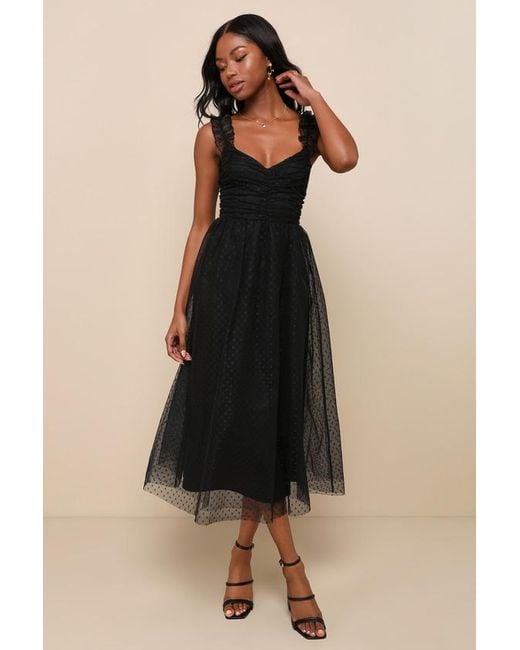 Lulus Black Forever Celebrated Swiss Dot Ruched Tulle Midi Dress