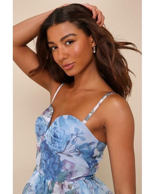 Lulus Blue Cherished Aura Multi Floral Organza Bustier Midi Dress