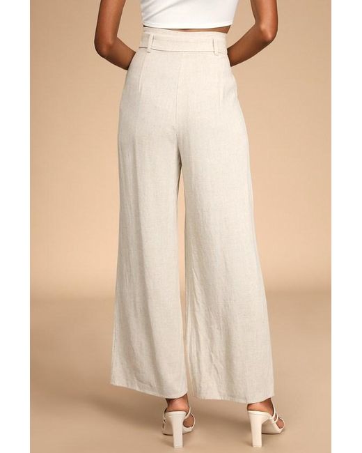 Lulus Natural Trend Alert Belted High-Waisted Wide-Leg Pants