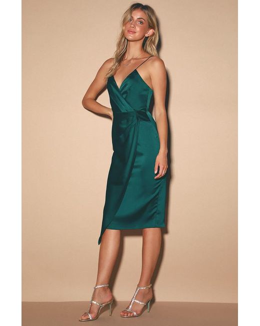 Lulus Blue Quite Likely Dark Satin Asymmetrical Midi Dress