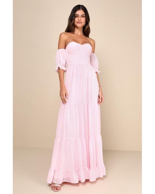 Lulus Pink Exceptionally Gorgeous Blush Chiffon Off-The-Shoulder Maxi Dress
