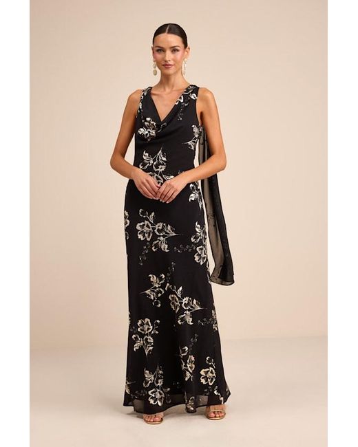 Lulus Black Sidonia Floral Cowl Sash Maxi Dress