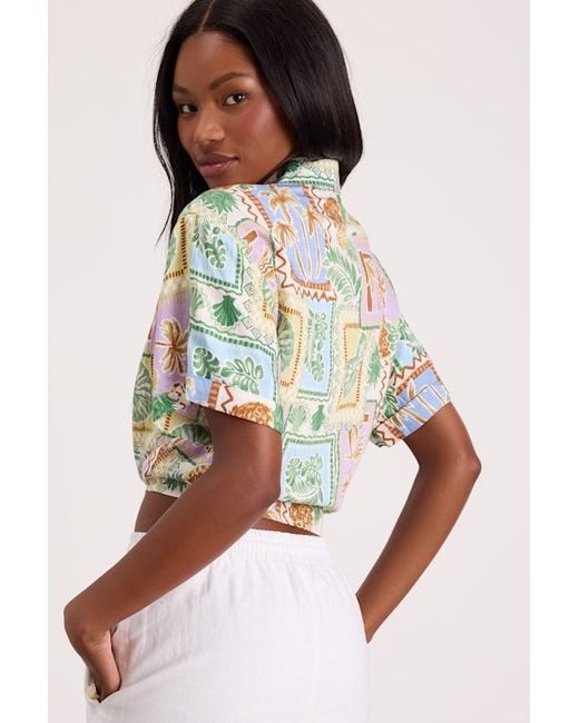 Lulus Yellow Kaliyah Multi Tropical Print Tie-Front Collared Top