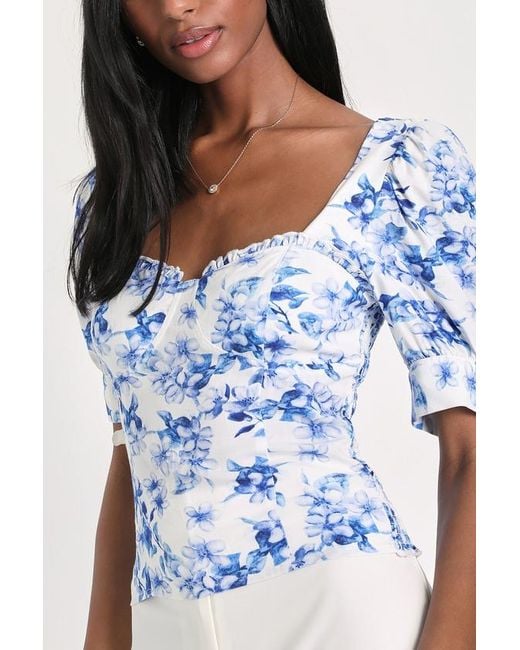 Lulus Blue Always Amorous Floral Print Bustier Puff Sleeve Crop Top