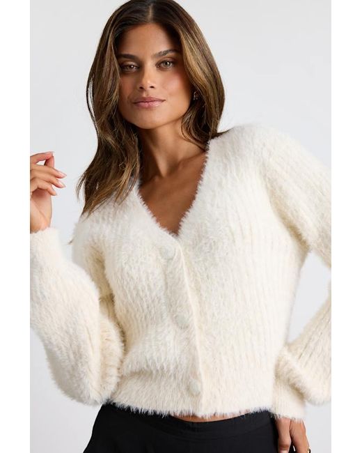 Lulus Natural Colby Eyelash Knit Button-Front Cardigan Sweater