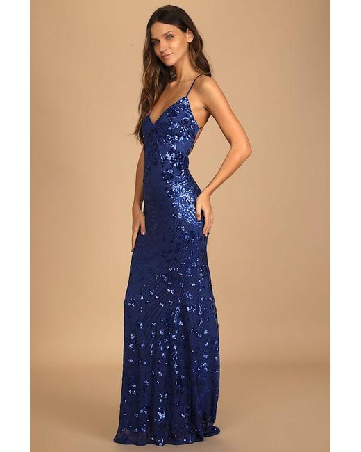 Lulus Blue Photo Finish Sequin Lace-Up Maxi Dress