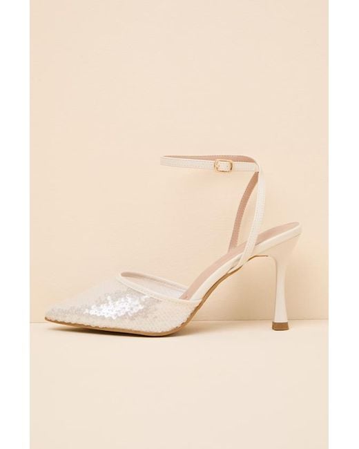 Lulus Natural Latasha Sequin Pointed-Toe Ankle Strap Pumps