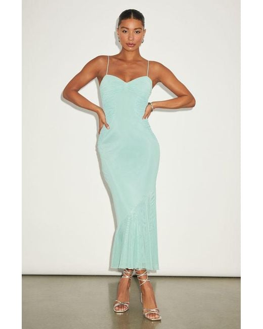 Lulus Blue Giorgina Sage Mesh Gathered Trumpet Midi Dress