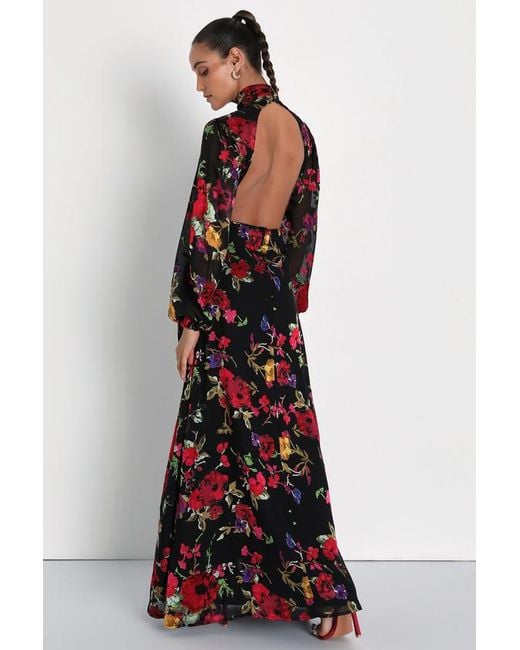Lulus Red Graceful Arrival Floral Burnout Backless Maxi Dress