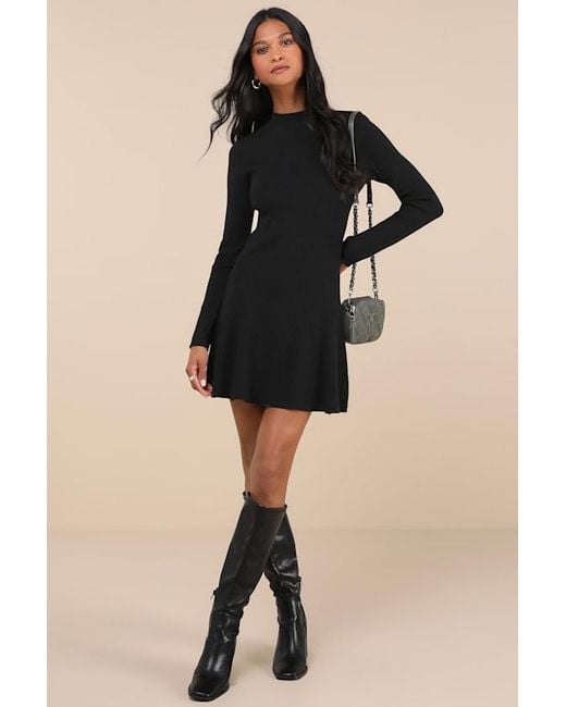 Lulus Black Adorable Intentions Mock Neck A-Line Mini Sweater Dress