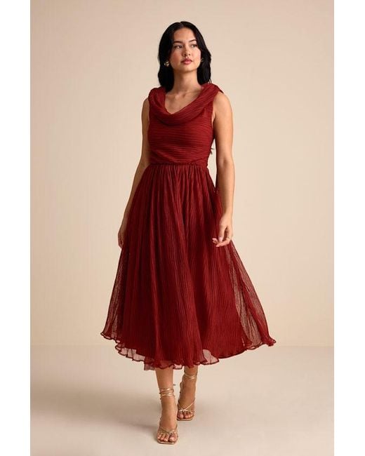 Lulus Red Katreea Pleated Cowl Neck Sash Midi Dress