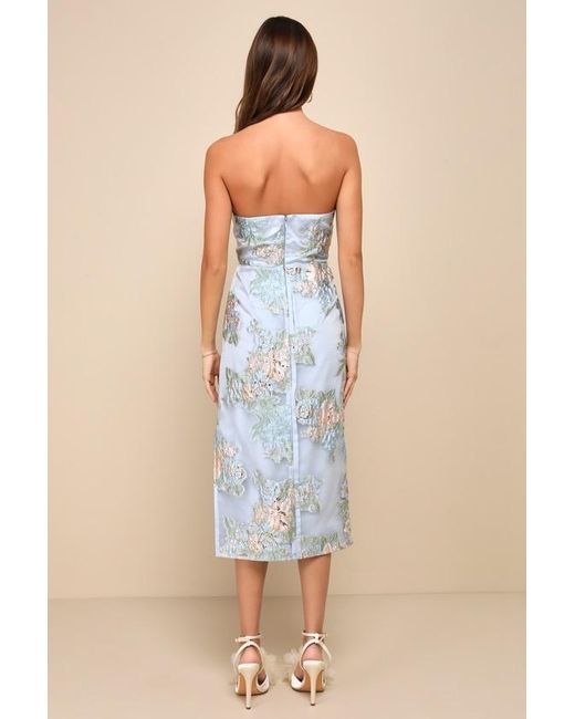 Lulus Blue Upgraded Event Jacquard Strapless Bustier Midi Dress