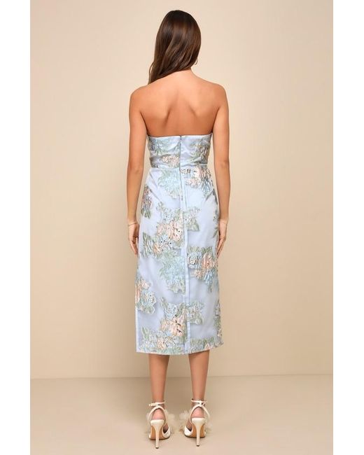 Lulus Blue Upgraded Event Jacquard Strapless Bustier Midi Dress