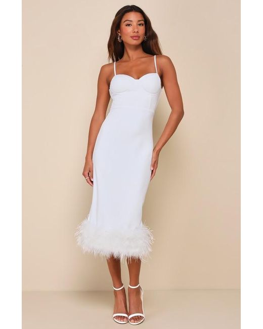 Lulus Natural Passion For Glamour Sleeveless Bustier Feather Midi Dress