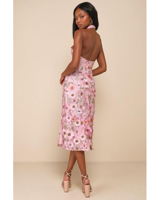 Lulus Pink Unique Impression 3D Floral Embroidered Halter Midi Dress