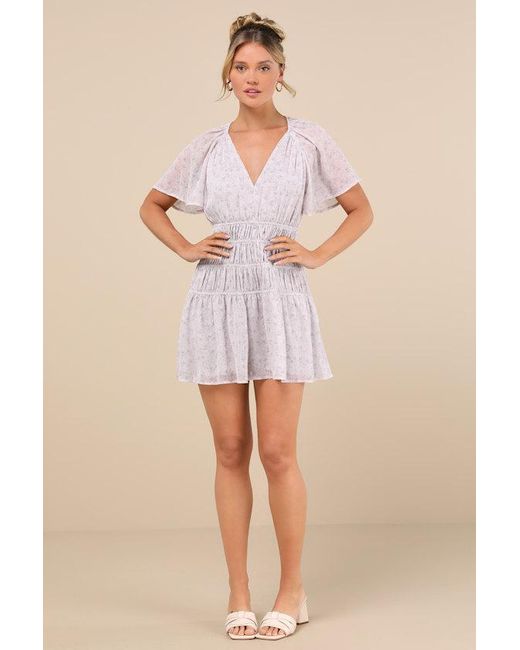 Lulus Natural Chrislyn Light Floral Flutter Sleeve Mini Dress