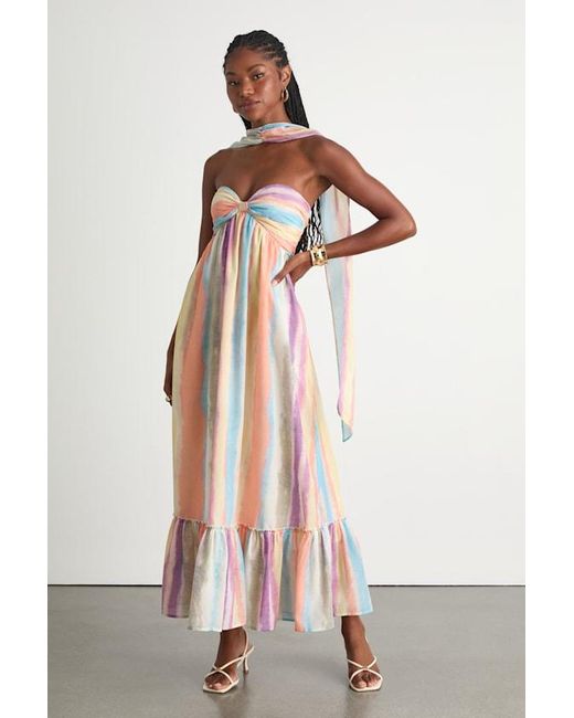 Lulus Orange Kelia Multi Striped Midi Dress And Scarf Set