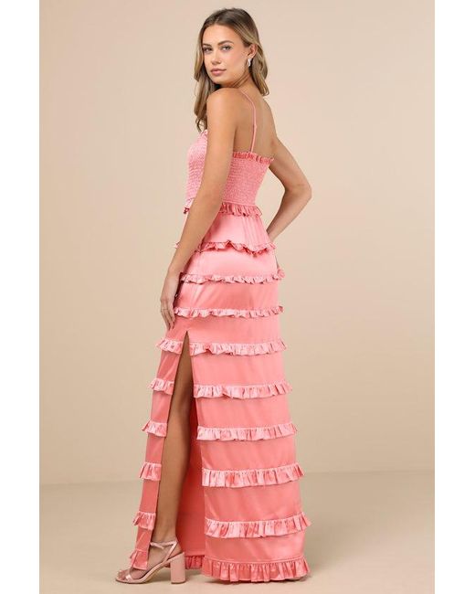 Lulus Pink Sincerely Fabulous Satin Smocked Ruffled Maxi Dress